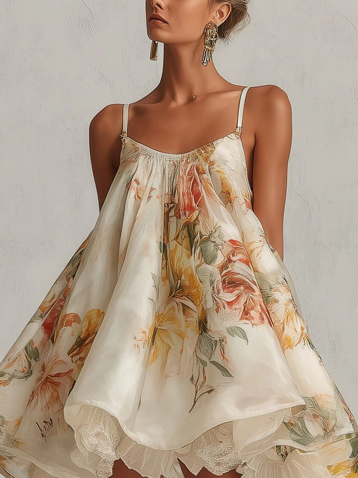 Béatrice | Mini Robe Trapèze en Organza Fleurie Beige, Bordure Dentelle