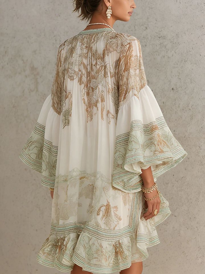 Rosalie | Robe Mini en Mousseline à Manches Volantées et Ourlet Rayé Vert