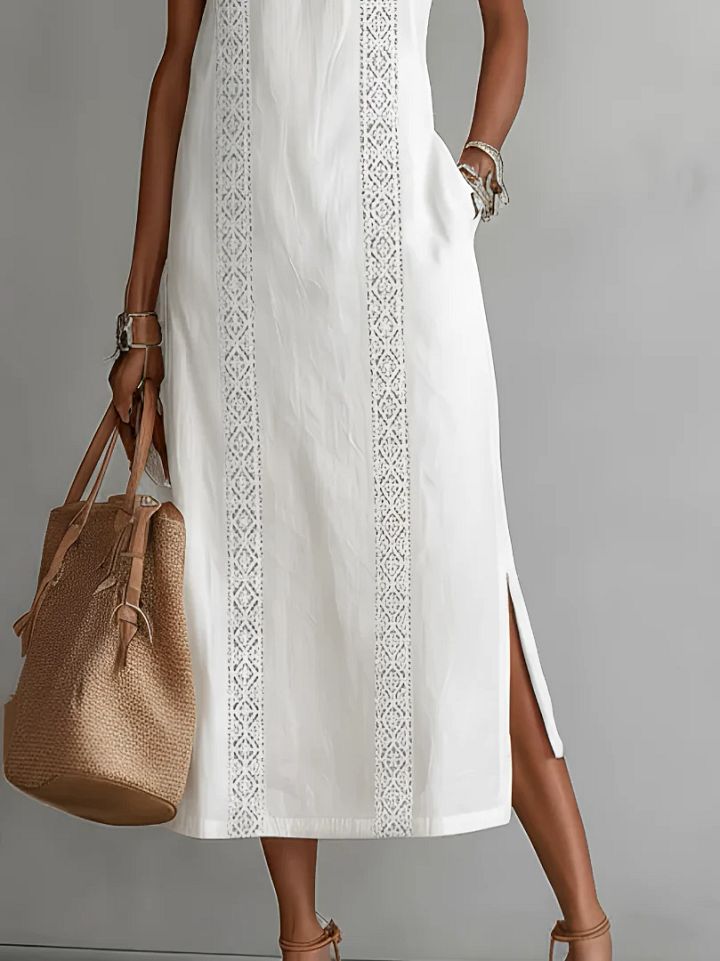 Jimena | Robe midi décontractée brodée à col mao
