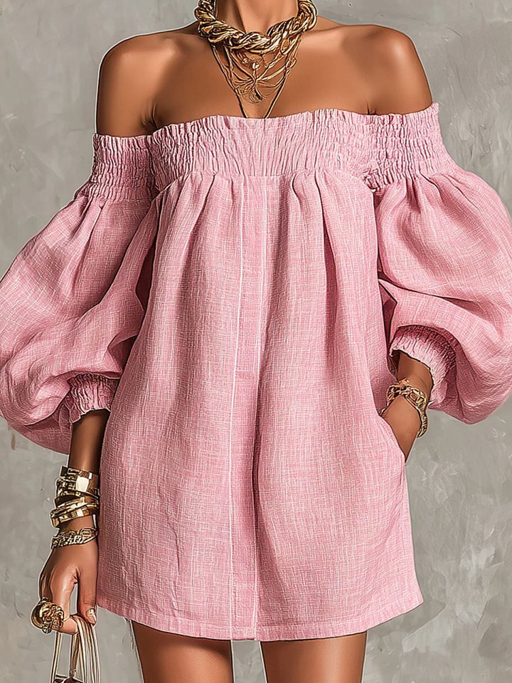 Rosabelle | Mini Robe Trapèze Ample, Manches Lanterne, Épaules Dénudées Roses