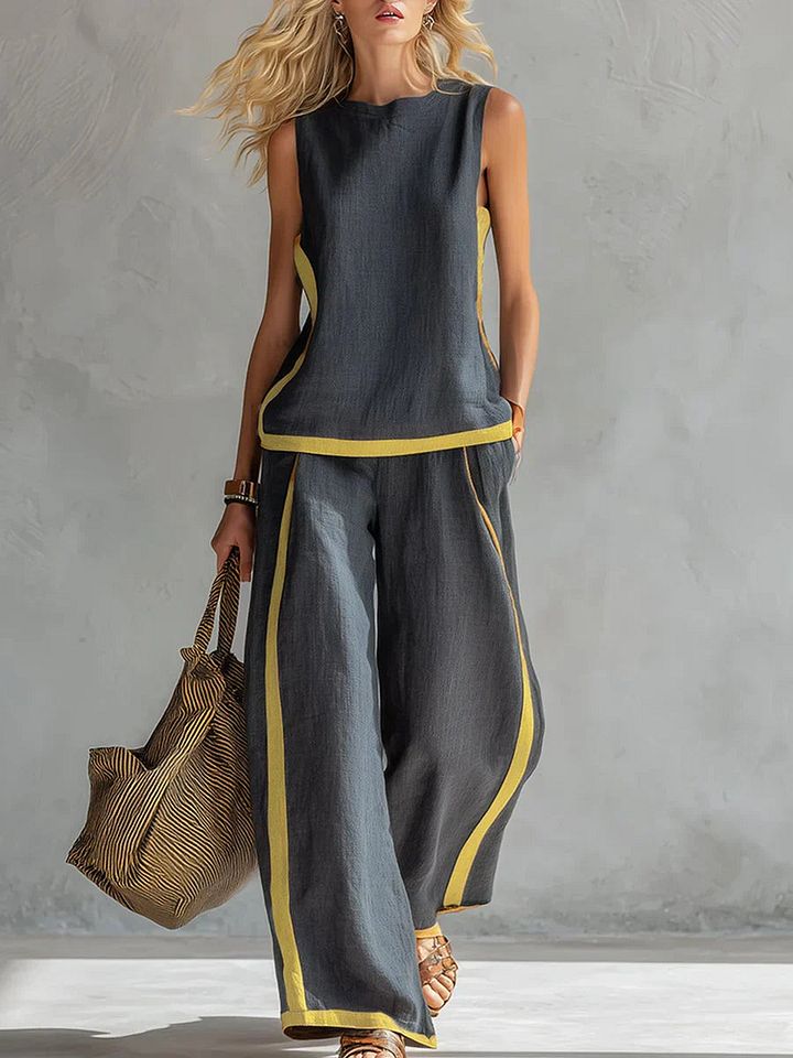 Ursula – Ensemble gilet et pantalon chic-décontracté aux finitions bicolores