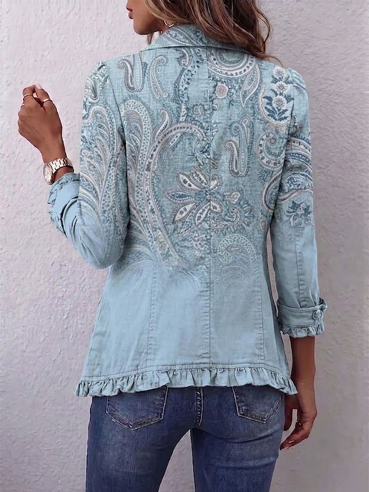 Émilie | Veste Paisley Vintage Bleu Ciel à Volants
