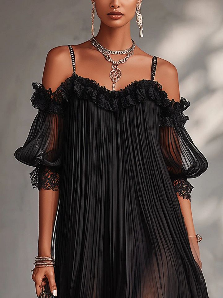 Camille | Robe Mini en Mousseline Noire à Épaules Dénudées et Bordure en Dentelle