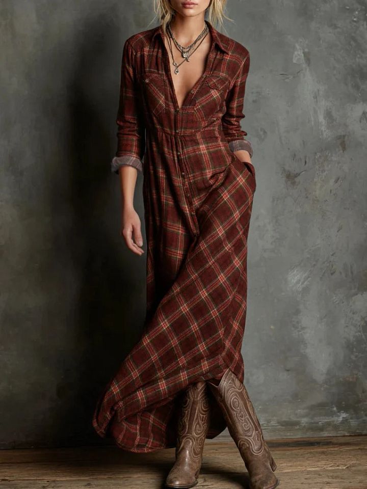 Valentine | Robe Longue Chemise à Col à Carreaux Verts
