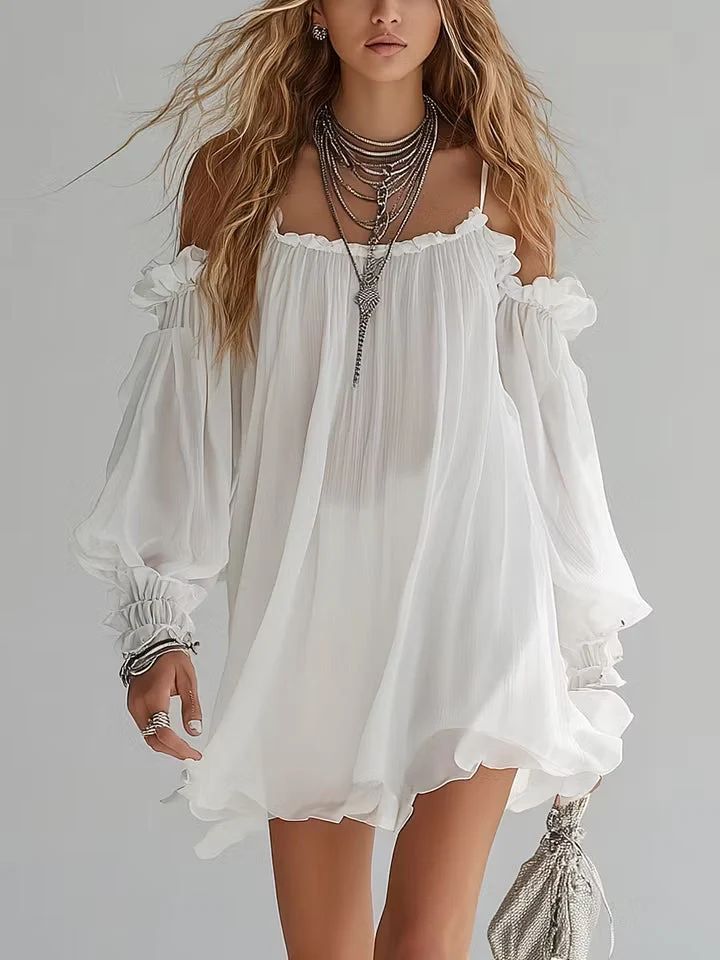 Romane | Mini Robe Flottante Bohème, Épaules Dénudées