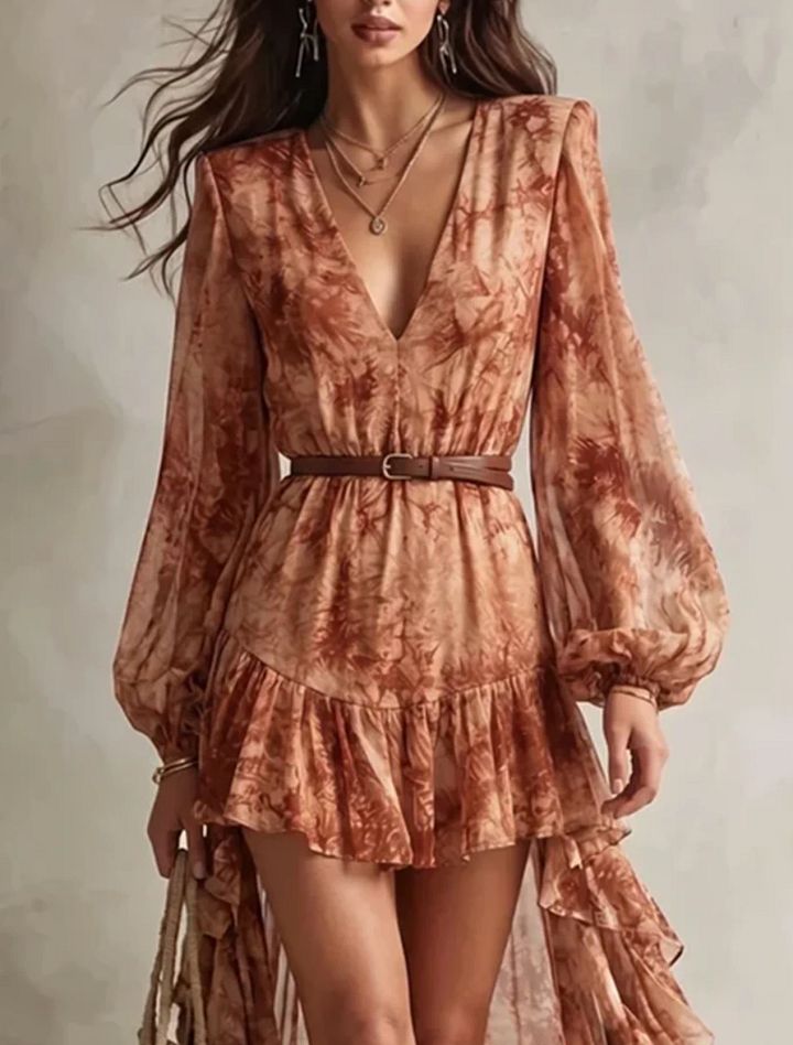Clémence | Mini Robe Manches Longues, Col en V, Imprimé Floral Terracotta