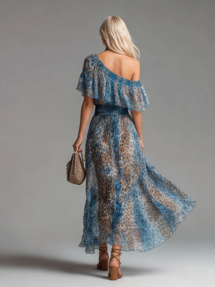 Sauvage | Robe longue en mousseline à imprimé léopard et épaules dénudées