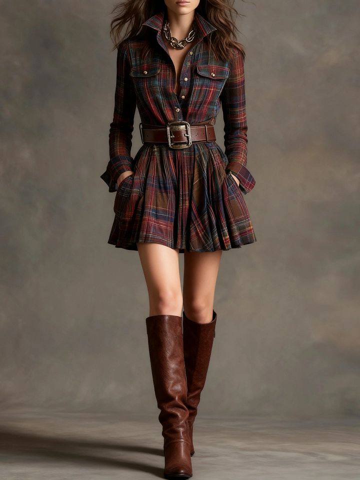 Cannelle | Mini Robe Vintage à Carreaux Rouge et Marron (avec ceinture)
