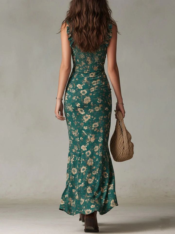 Zara | Robe maxi bohème froncée à imprimé fleuri et fente latérale