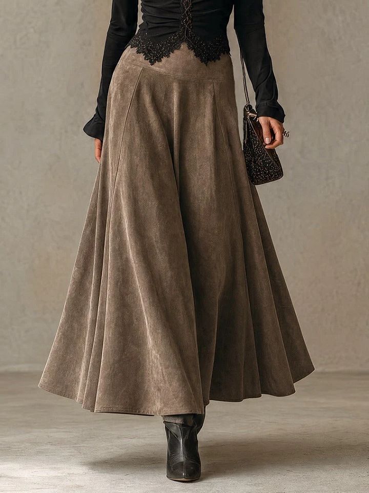 Albane | Ensemble Top en Dentelle et Jupe Maxi Suédine, Noir et Taupe