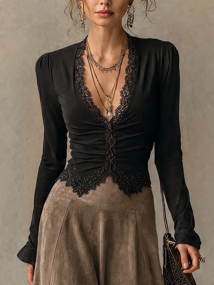 Albane | Ensemble Top en Dentelle et Jupe Maxi Suédine, Noir et Taupe