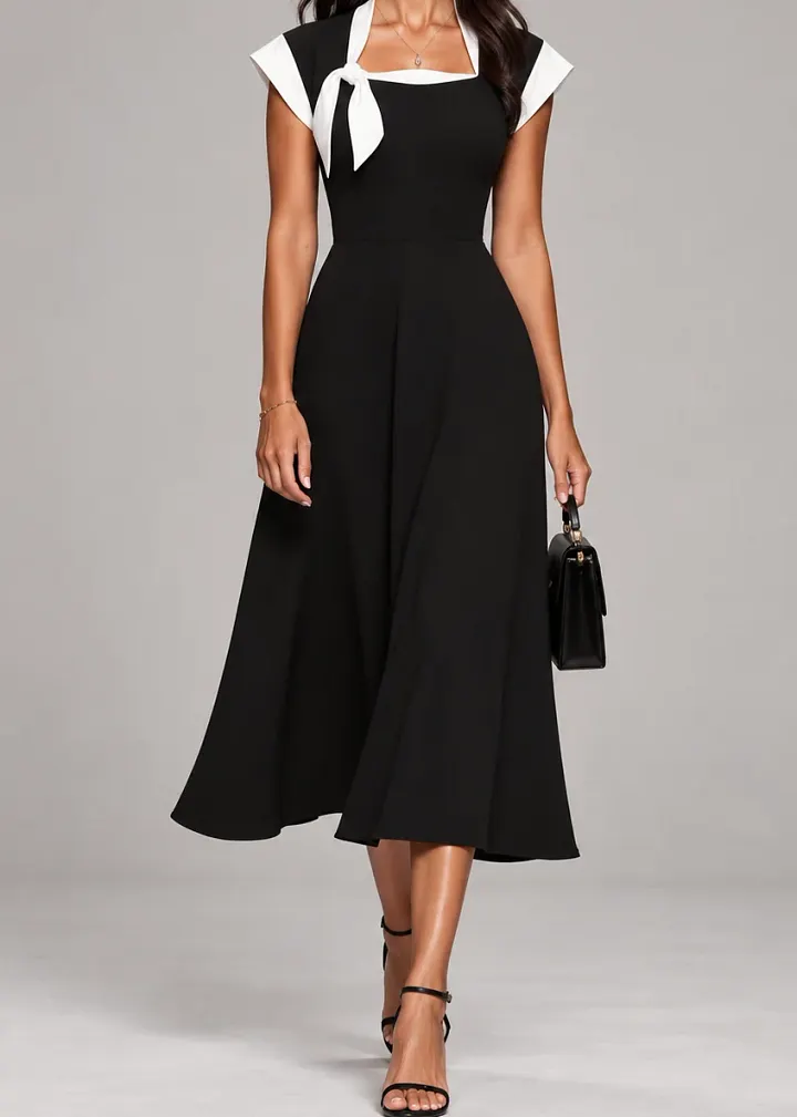 Ariane | Robe Midi Femme à Décolleté Carré et Manches Colorblock