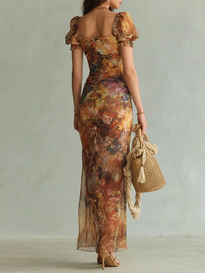 Violette | Robe maxi en mousseline orange à imprimé peinture à l'huile style bohème