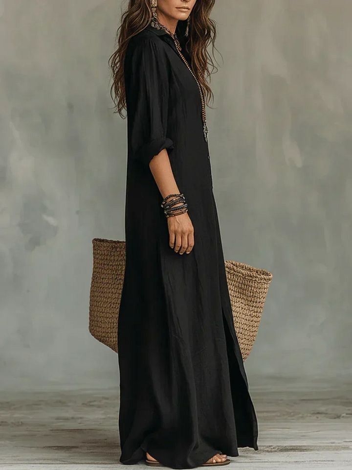 Céline™ | Robe Maxi Noire Ample à Boutons
