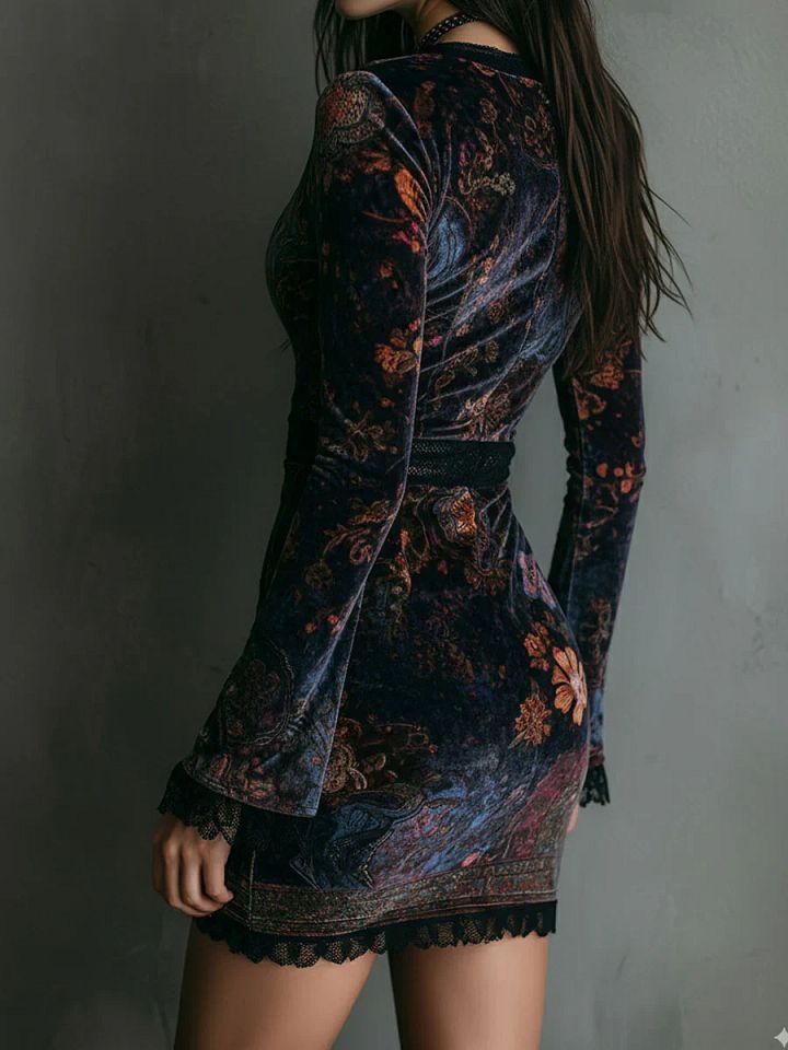 Iris | Mini Robe Ajustée en Velours, Dentelle et Imprimé Floral