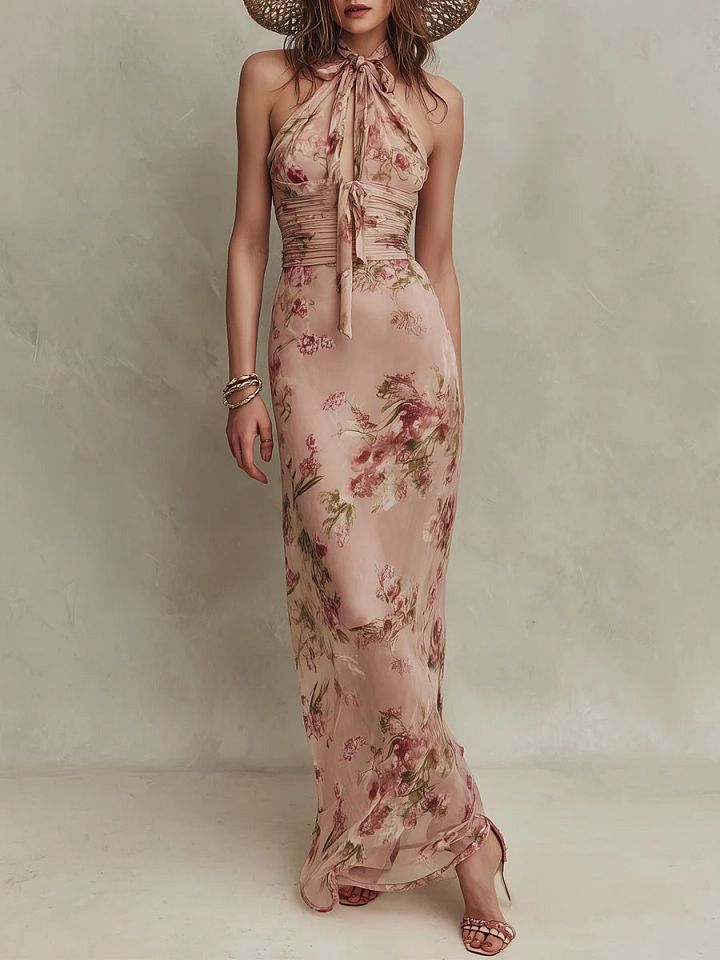 Lia | Robe maxi en mousseline à imprimé floral élégant et encolure goutte d'eau