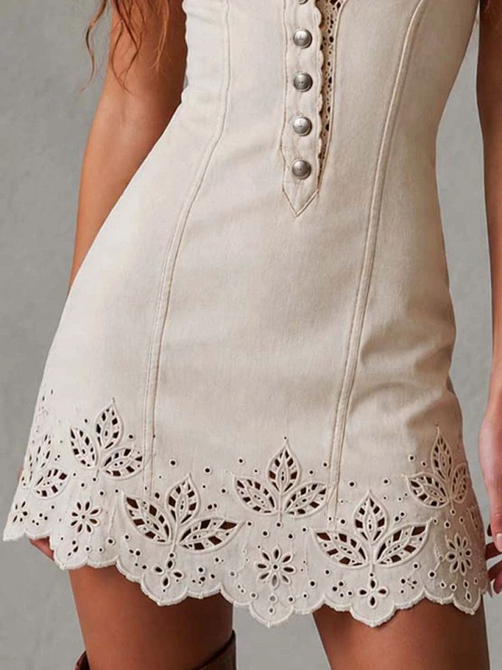 Gabrielle | Robe Mini en Dentelle Ajourée Ivoire à Décolleté en V