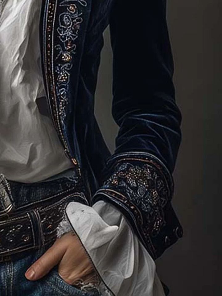 Athénaïs | Veste Longue Brodée Vintage Bleu Marine