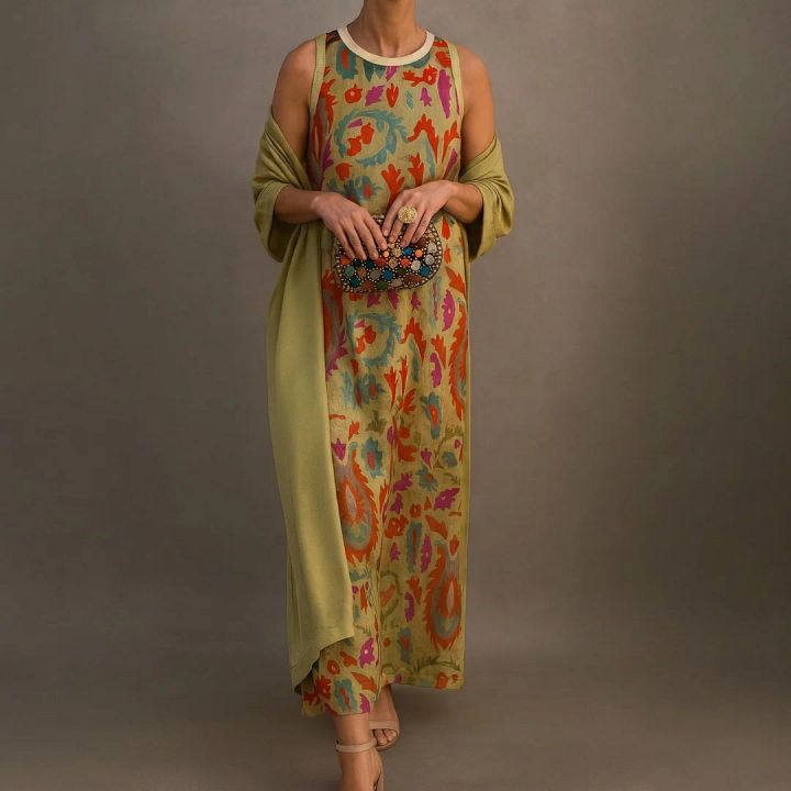 Danielle | Robe longue imprimée et gilet assorti