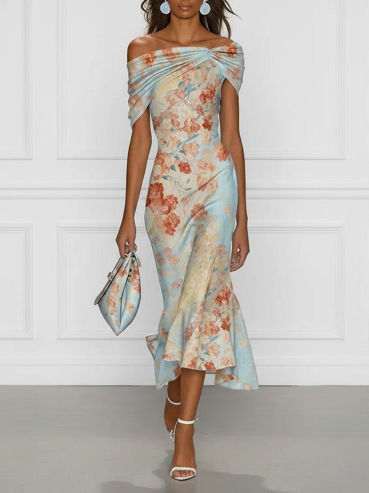 Victoire | Robe midi sirène à épaules dénudées et imprimé floral bleu