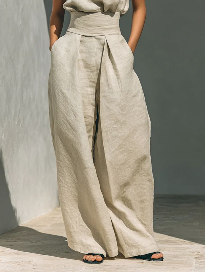Aurora | Ensemble deux pièces beige en lin avec haut sans manches et pantalon large