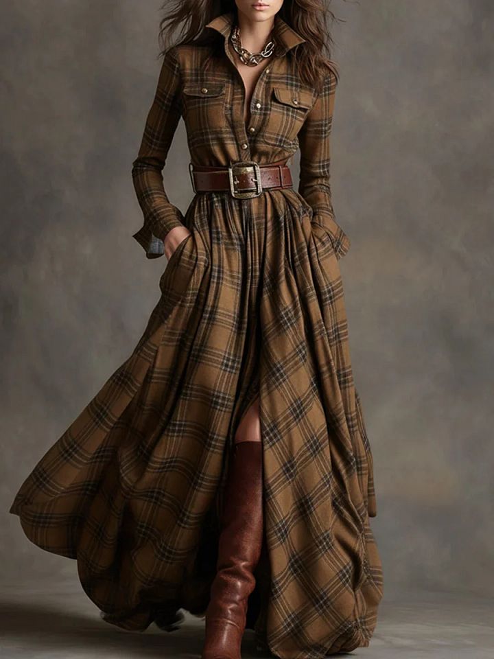 Béatrice | Robe Longue à Carreaux avec Ceinture