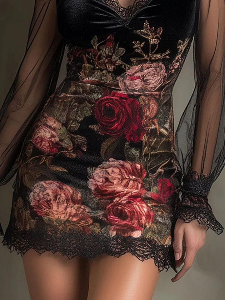 Églantine | Mini Robe en Tulle, Imprimé Roses et Dentelle