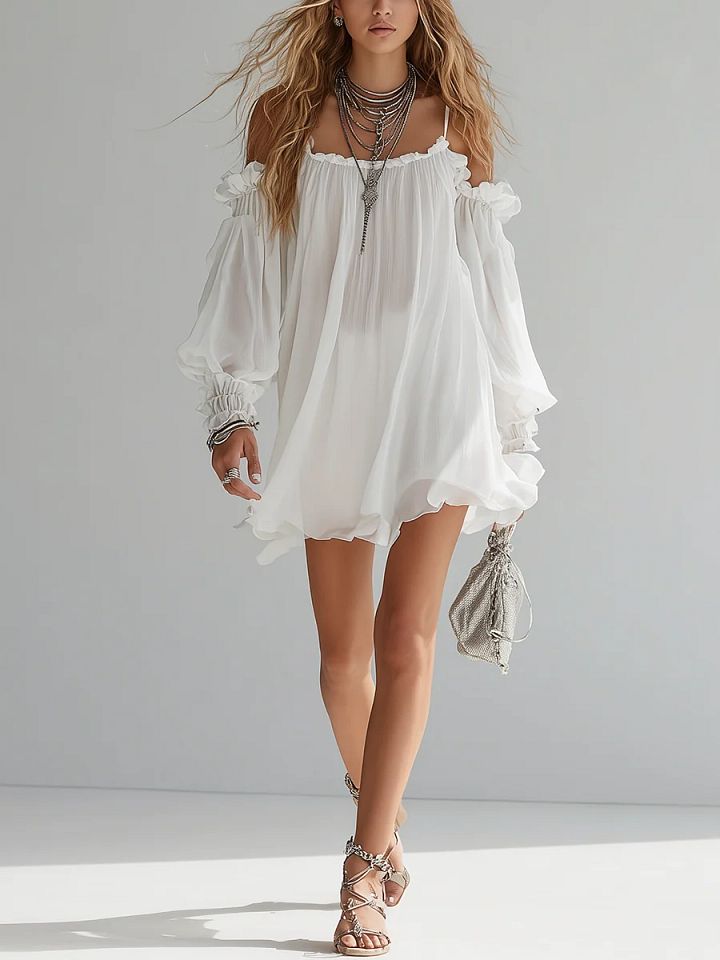 Romane | Mini Robe Flottante Bohème, Épaules Dénudées