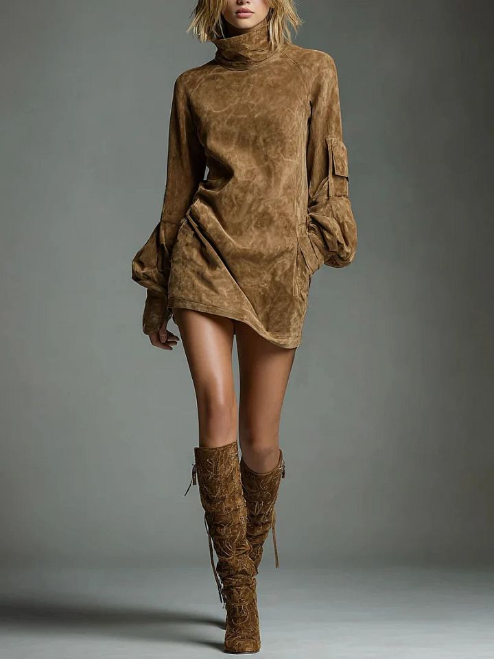 Bibiane | Mini Robe Oversize en Suédine à Col Montant