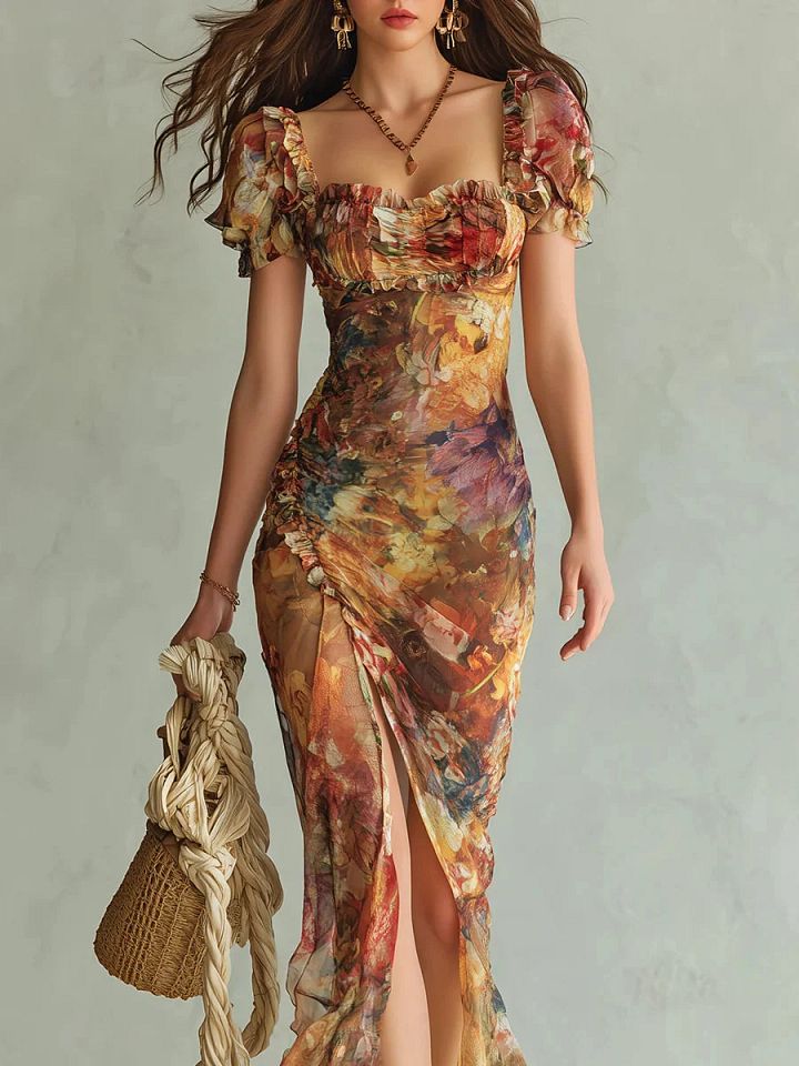 Violette | Robe maxi en mousseline orange à imprimé peinture à l'huile style bohème