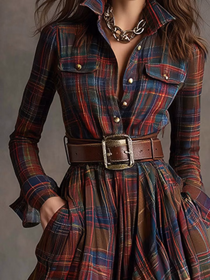 Beatriz | Long Checkered Dress with Belt