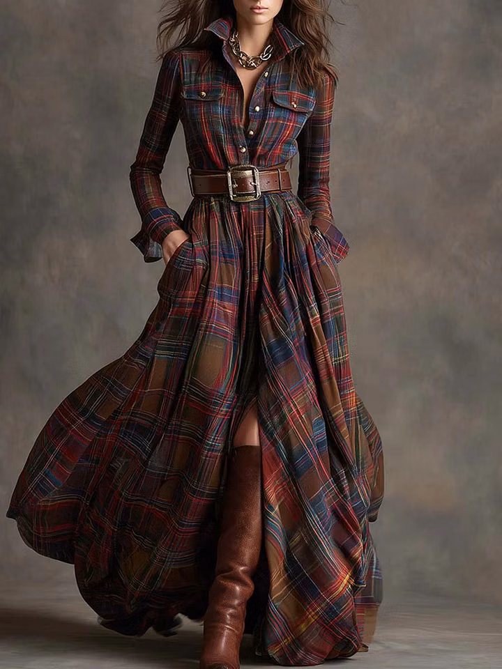 Beatriz | Long Checkered Dress with Belt