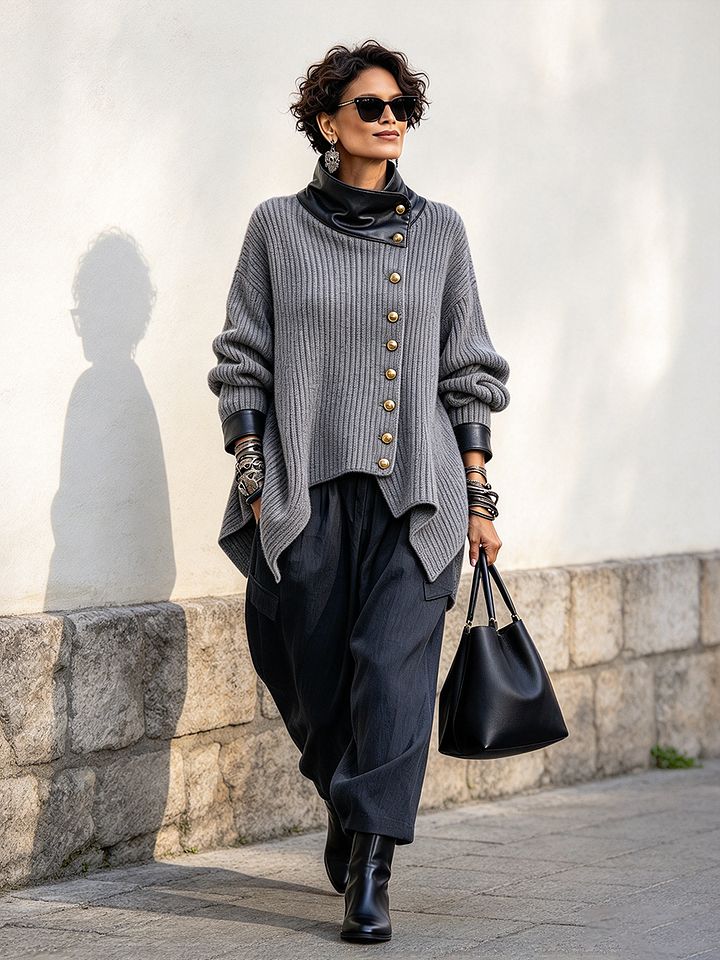 Olivia™ | Stylish Faux Leather Knit Cardigan Jacket