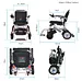 Foldable electric wheelchair with dimensions and weight information on a white background